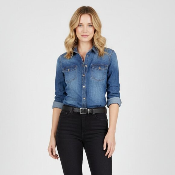 Juicy Couture Blue Denim Button Up Long Sleeve Western Cowgirl Medium Wash Top M - Picture 1 of 7